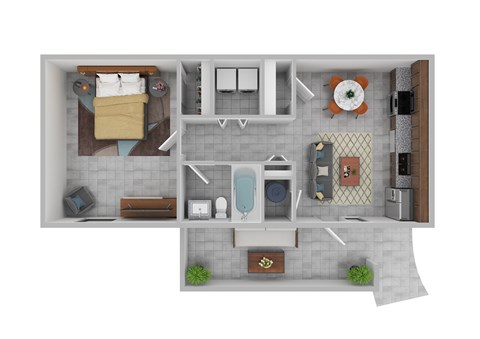 A top down view of a small apartment with a bedroom, living room, kitchen, and bathroom.